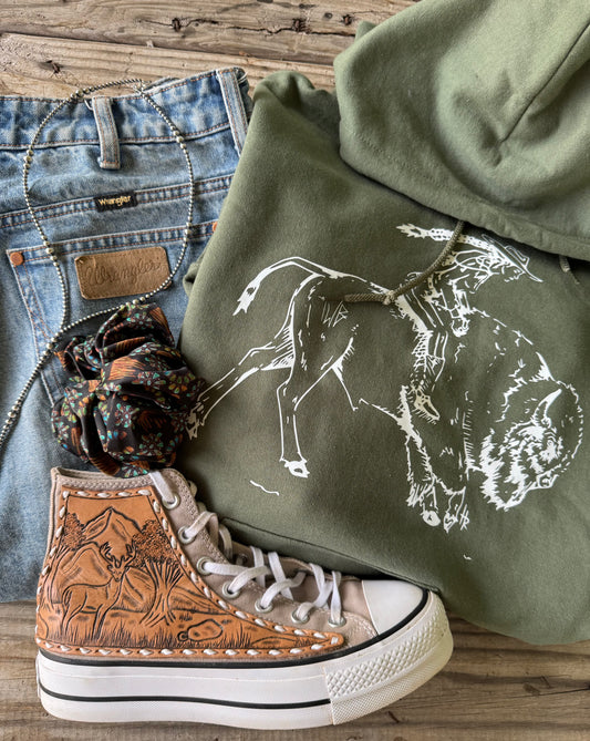 Girl on a Buffalo Hoodie (last one! XL)