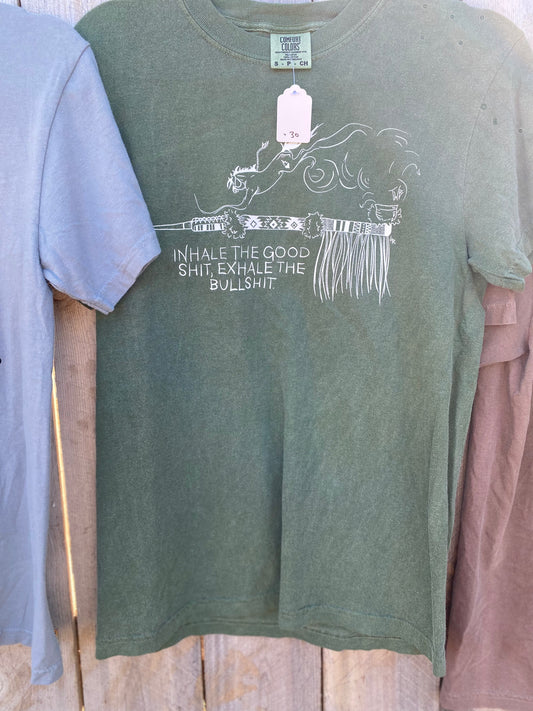 Last one! Small Inhale, Exhale Sage Green tee